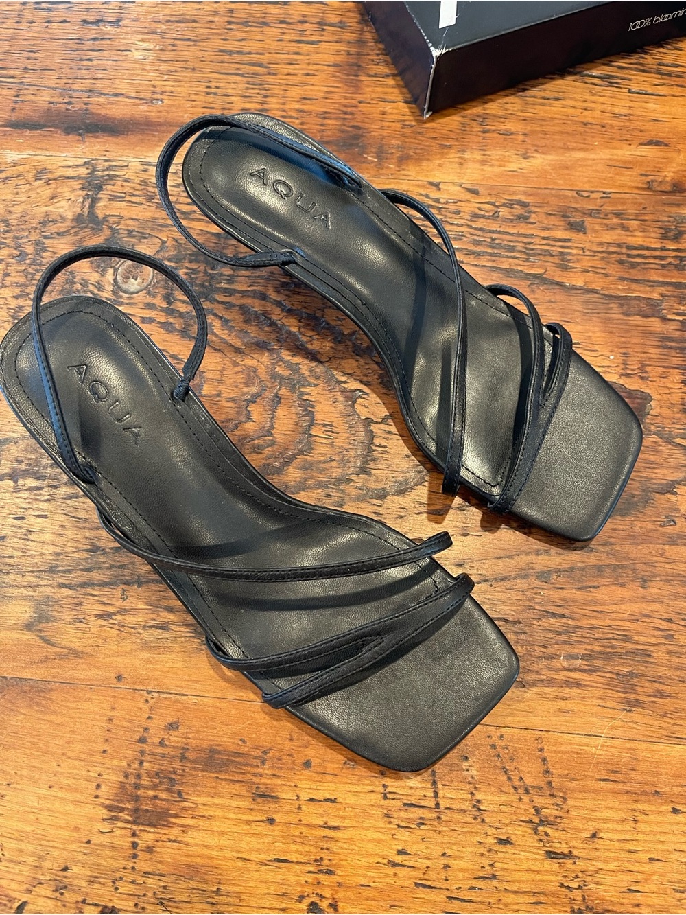 Aqua Black Strappy Square-Toe Slingback Heels